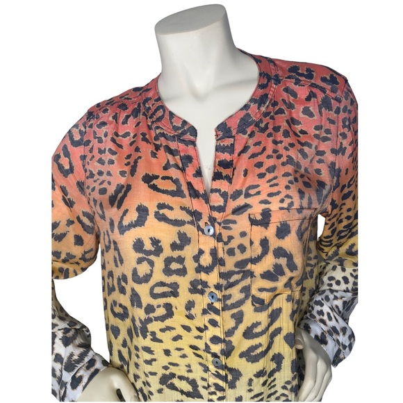 MULTIPLES Multicolor Ombre Leopard Animal Print Tie Front Linen Button Down Top - Picture 10 of 16